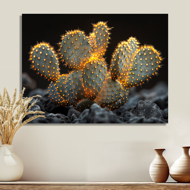 Cactus jaune, jaune, noir, coucher de soleil, H 16 po x l 32 po x P 1 po, Métal métal