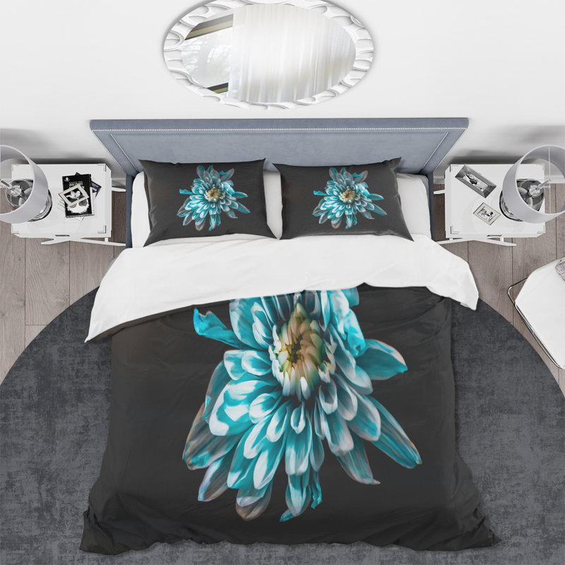 Vue de dessus de la fleur bleue et blanche - Ensemble de housse de couette traditionnel - Microfibre de polyester