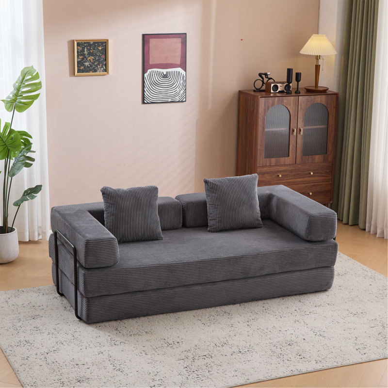 Boneless 76.77" Convertible Floor Compression Sofa Bed, 3-Seat Chenille Futon Couch with Pillow Back Support & Armrest, Foam Frameless Sleeper Sofa for Living Room Bedroom