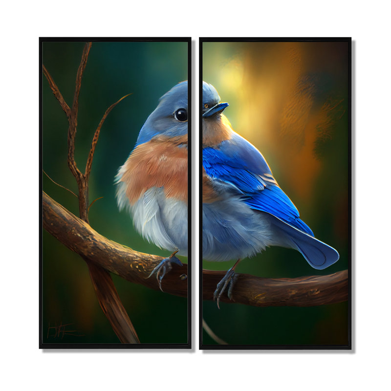 Magnifique oiseau bleu brillant sur une branche III - grand oiseau, art mural, 20" H x 24" W, Floater Frame, Black