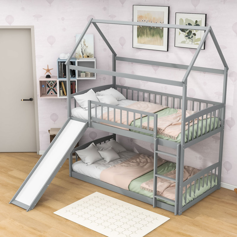 Lacrescenta Twin Over Twin Standard Bunk Bed with Slide, Gray