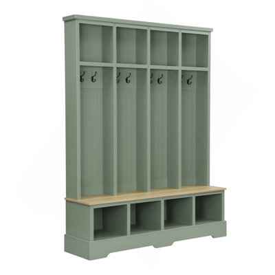 Farmhouse 59"W Wide Hall Tree With 8 Hooks, Practical Entryway Bench With Open Compartments, 76.7"H Modern 3-In-1 Wooden Style Coat And Shoe Rack For Mudroom, Living Room, Green
