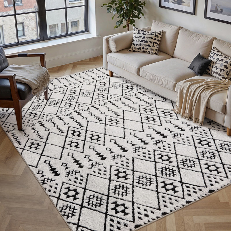 Zephyr Weave Geometric Area Rug in Black, Black, Rectangle 5' x 7'