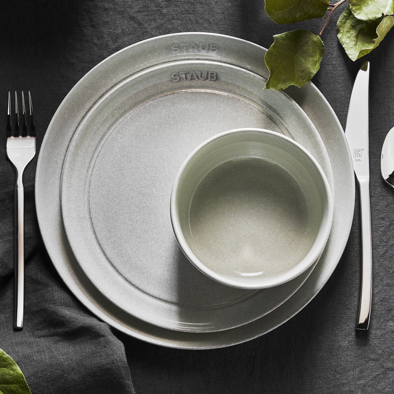 12 Piece Ceramic Dinnerware Set, White, White Truffle