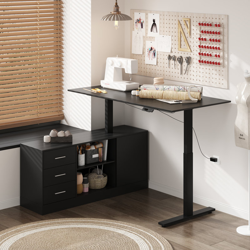 Height Adjustable Craft Table With Storage Drawers And Adjustable Shelf, Black, Black