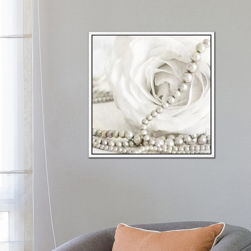White Rose With Pearls by Tom Quartermaine - Print on Canvas, White Framed, 66.04 cm H x 66.04 cm W