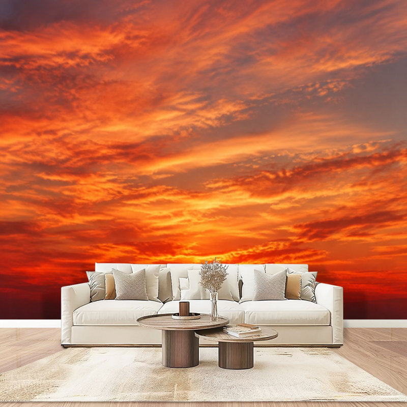 Papier peint mural autocollant moderne « Ciel couchant » avec nuages ​​orange, rouges et jaunes, pour chambre ou salon, 254 cm (L) x 366 cm (l).