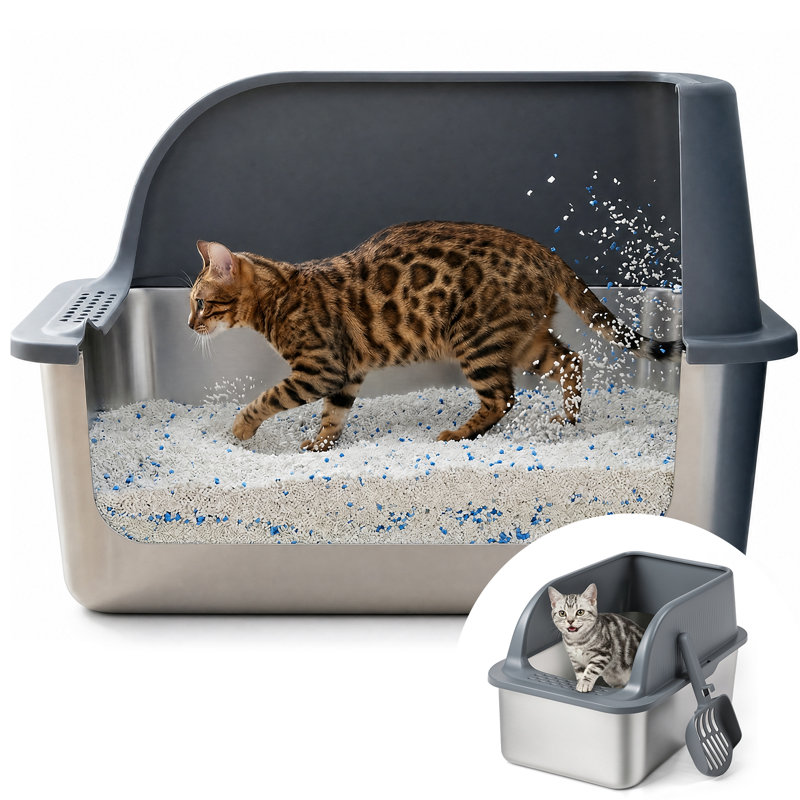 Bac à litière pour chat en acier inoxydable avec couvercle et pelle - antiadhésif, étanche, gris