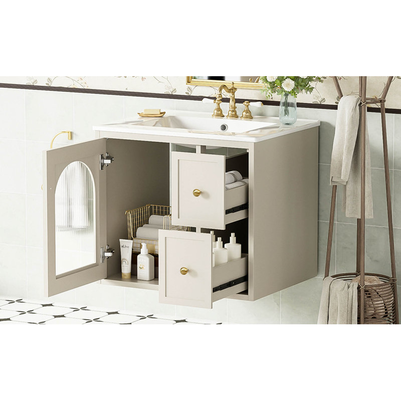 Ensemble de meuble-lavabo mural 24 po pour petit espace, armoire de salle de bain avec lavabo en céramique, 2 tiroirs et 1 porte à fermeture en douceur