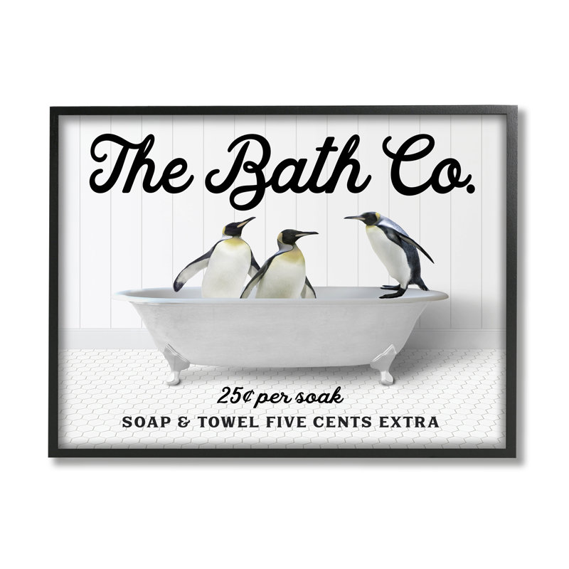 «Vintage Bath Ad Penguins», art giclée encadré par lettré et doublé, H 16 po x l 20 po x P 1,5 po
