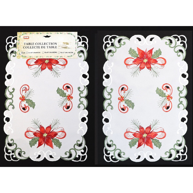 (12 x 18 po) Napperon brodé - blanc / poinsettia