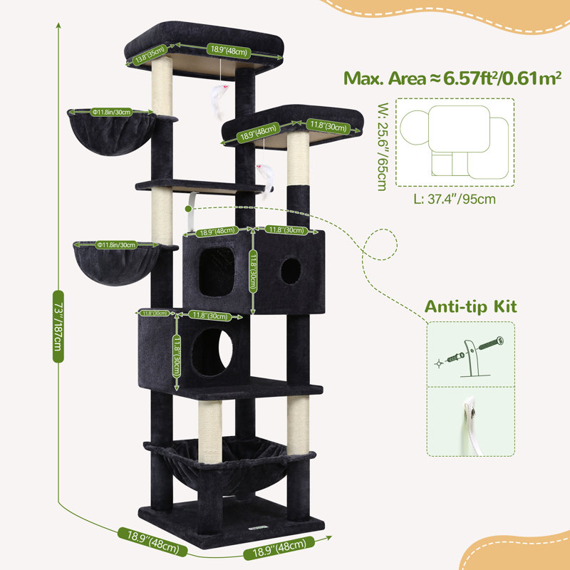 Arbre à chat de 73 po pour grands chats, tour de chat multi-niveaux avec 2condos, 3 hamacs et 2 perchoirs, arbre de chat en velours, aire de jeu pour petits chats, banc d'escalade intérieur facile à assembler