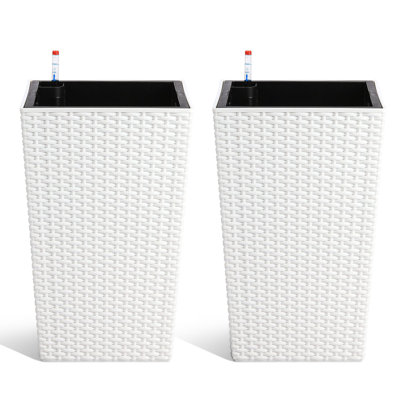 16 Inch White 2 Pcs Tall Planter  2 Large Rattan Flower Pot with 2 Trays & Wheels Outdoor and Indoor Large Planter for Patio Living Room Office