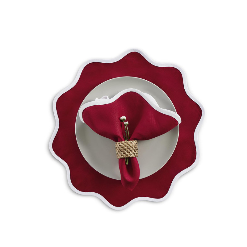 Giselle Scallop Edge - 100% Pure Linen Dinner Napkins, White/Red, 16" Round