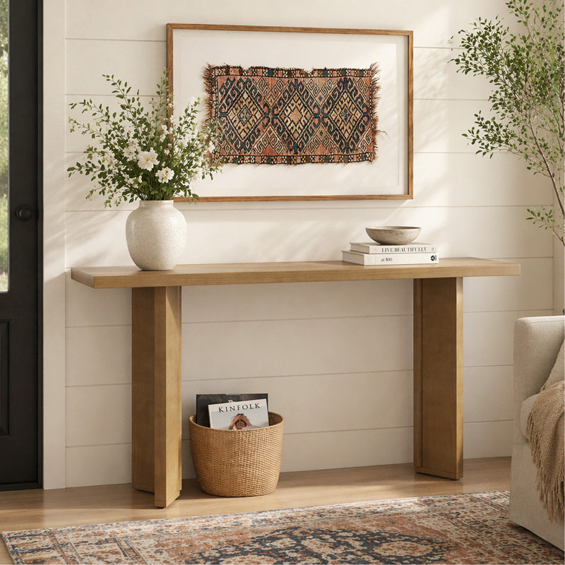 Pine Veneer Console Table, Modern Entryway Sofa Table with Geometric Metal Legs for Living Room Study Dining Room, Natural