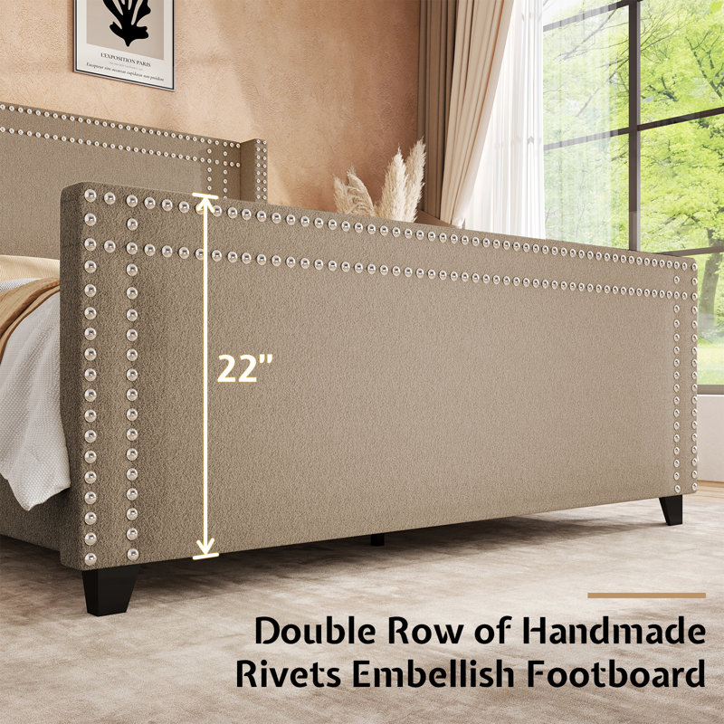 Queen Brown Chenille Upholstered Bed with Nailhead Trim