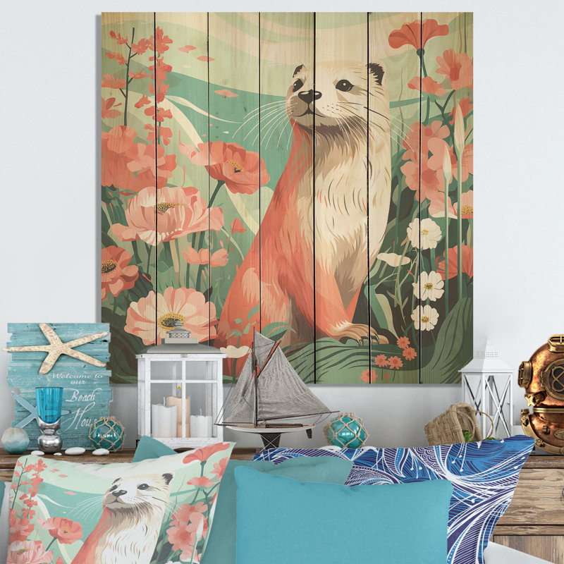 Loutre ludique en fleurs I - loutre sur bois, H 36 po x l 36 po