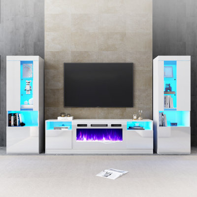 Bhhatu Anello Highgloss Fireplace Entertainment Center Set, 80''Fireplace TV Stand, 2 Bookcases,White