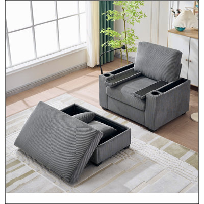 Oversized Chaise Lounge Chair Indoor with Ottoman and Storage, Comfy Corduroy Sleeper Chair with Cup Holder,Mobile Phone Stand&USB Charging Port , Rec by Ivy Bronx