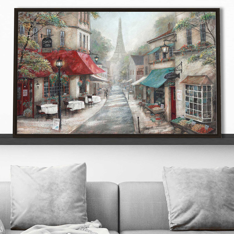 «Eiffel View From Charlie's Café» par - Peinture, Cadre flottant espresso, H 27,5 po x l 43,5 po x P 2 po