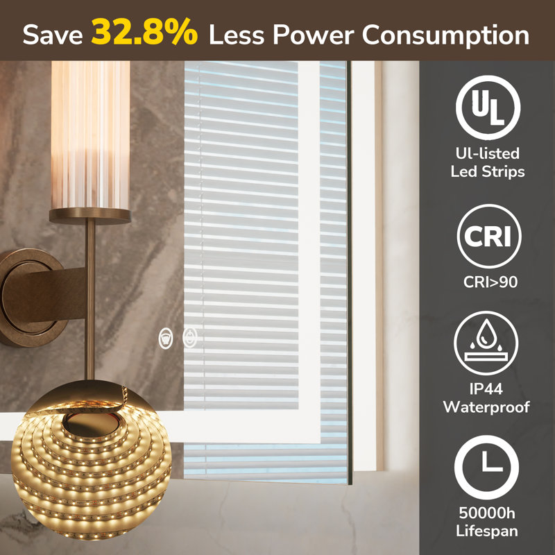 Cardier Front&Backlit Wall Mount Bathroom Led Vanity Mirror with 3 Color Adjustment Shatterproof Tempered Glass, Rectangle