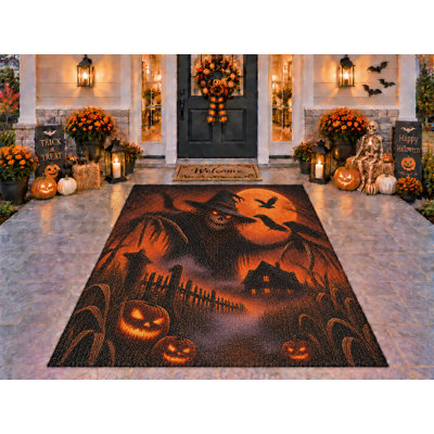 Tapis d'extérieur 152 x 213 cm (5 pi x 7 pi) motif épouvantail et lune, idéal pour Halloween. Résistant et imperméable, ce tapis à boucles en PVC est parfait pour une utilisation intérieure ou extérieure. Séchage rapide. Convient pour porche, terrasse, balcon ou entrée.