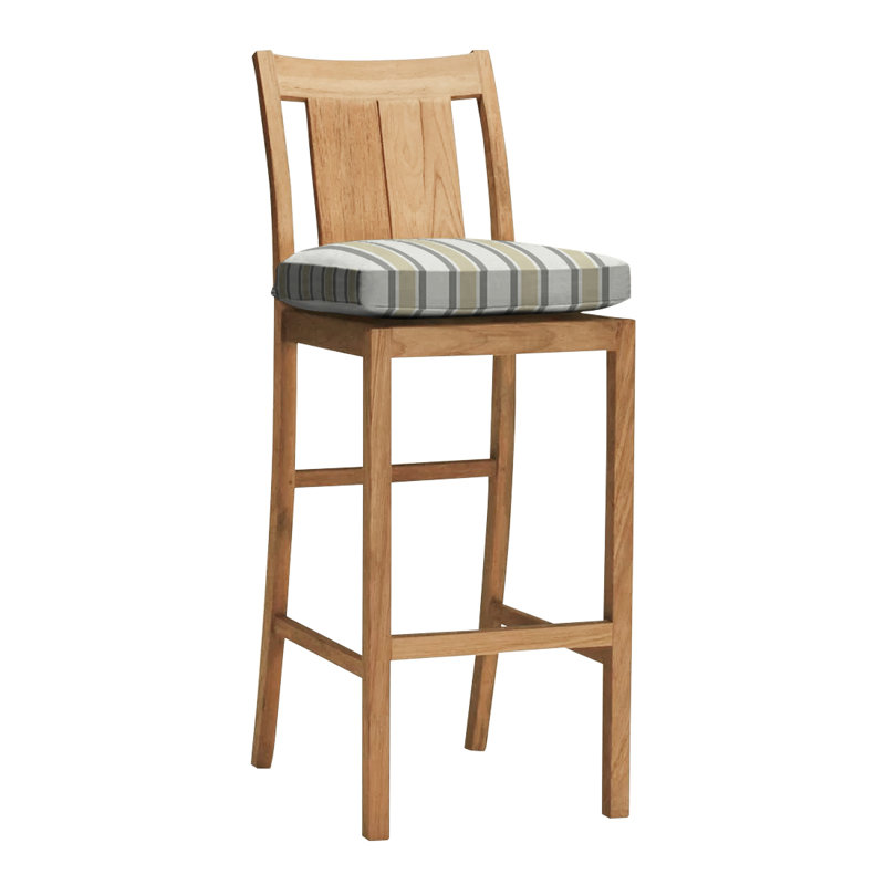 Croquet 24.5" Patio Bar Stool with Cushion, Rollo Lace InsideOut® Linen, No Welt, Natural Teak