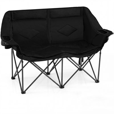 Heavy-Duty Folding 2-Person Double Camping Chair With Padded High Back Support, Built-In Cup Holders, Anti-Spill Glass Racks & Breathable Mesh Storage Pockets