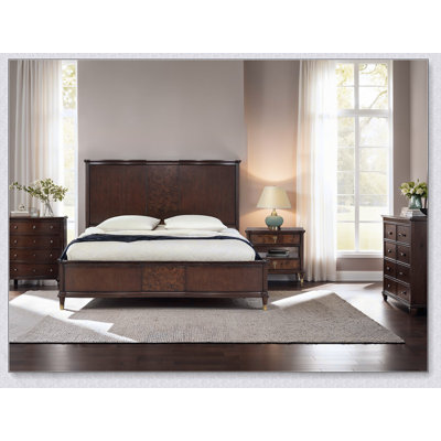 Transitional Style 1Pc Bed Dark Cherry Finish Panel Bedframe Gold-Capped Legs Bedroom Furniture Poplar Burl Veneer