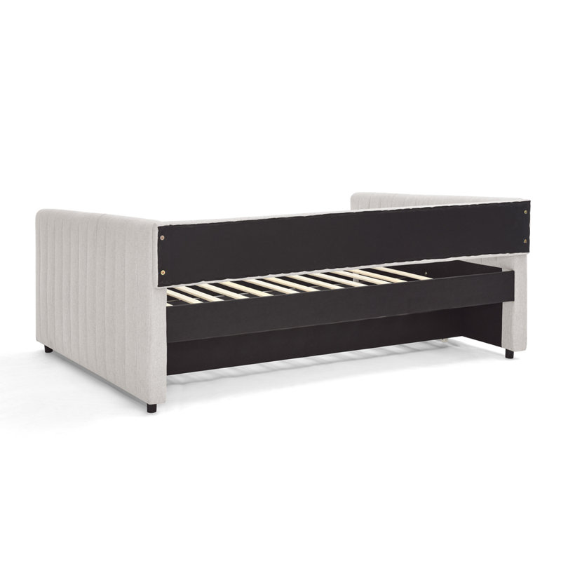 Lit de jour avec canapé-lit rembourré avec rayures verticales, tissu en lin, Double, Beige