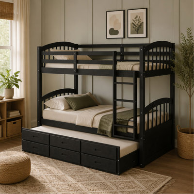 Twin over Twin Wood Bunk Bed with Trundle and Drawers, Espresso