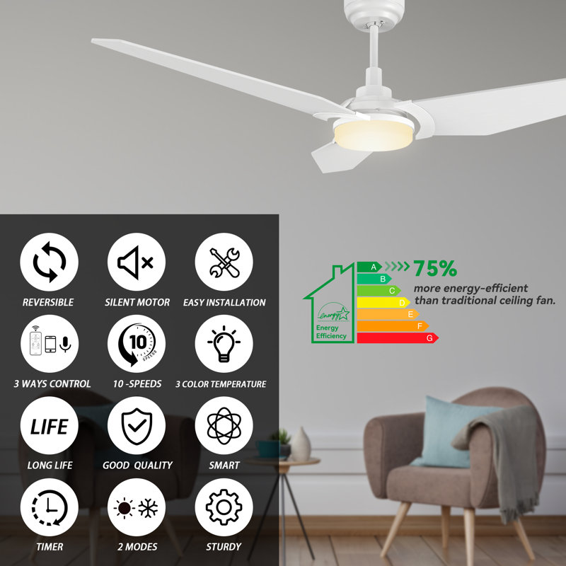 3 - Blade LED Smart Ceiling Fan with Remote Control and Light Kit Included, White, 56"