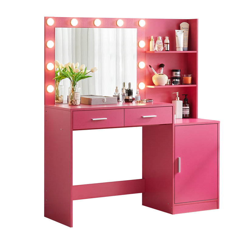 Vanity Desk With Mirror And Lights, 46.4IN Dressing Table With 2 Large Drawer&Large Vertical Organizer, 3 Level Dresser & 3 Lighting Modes Adjustable Brightness, Suitable For Bedroom