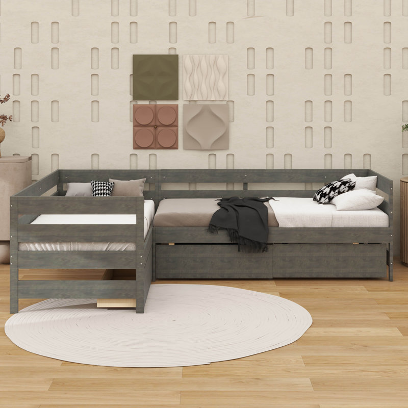 Lit plateforme simple en L avec trois tiroirs de rangement Space Efficient, Gris