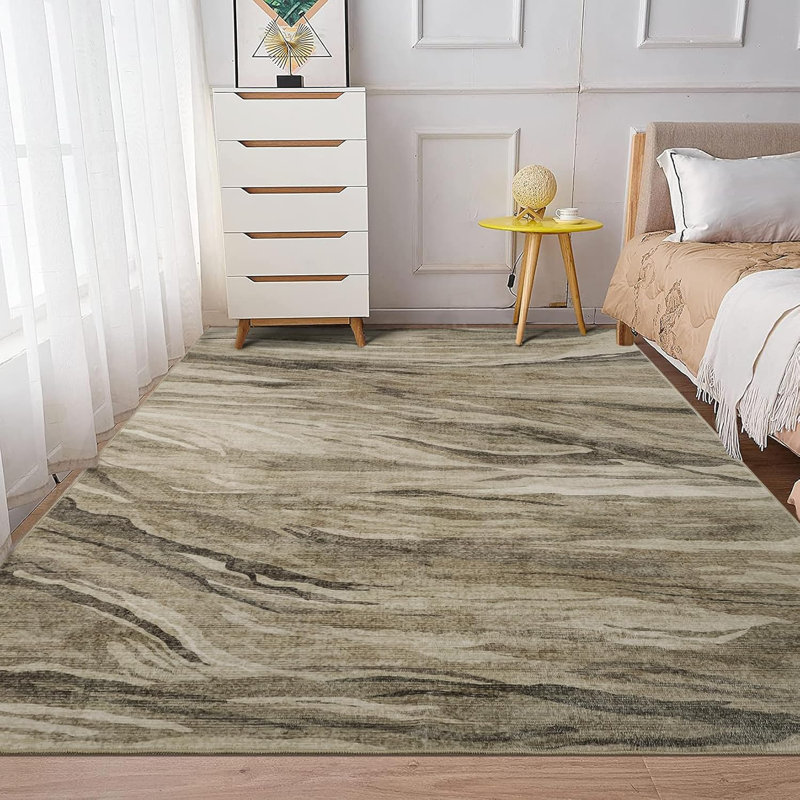 Washable & Non-Slip Abstract Area Rug in Neutral Brown for Living Room, Bedroom, Rectangle 5' x 7'