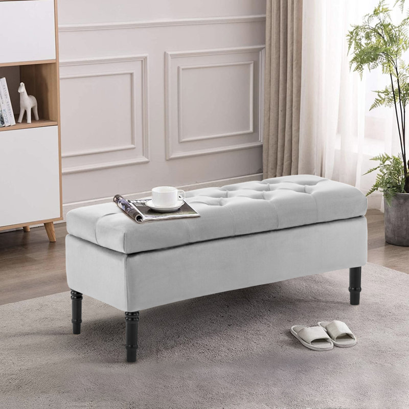 Scheel 40" Wide Velvet Modern Tufted Storage Ottoman Bench, Gray Velvet
