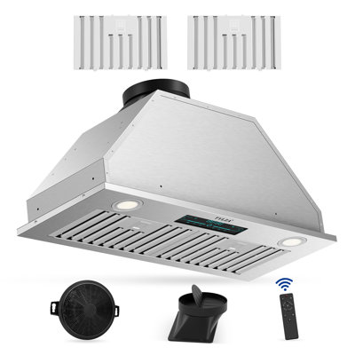 30" 900 CFM Insert Range Hood, Ducted/Ductless Convertible, 4 Speed Ultra-Quiet, Remote/Touch /Gesture Control, Delayed Shutdown, Timer, Dishwasher-Safe Stainless Steel Baffle Filter, Charcoal Filter, Adjustable LED Lights, Silver