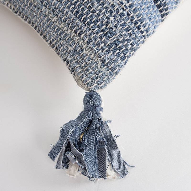 Blue and Ivory Striped Recycled Denim Lumbar Pillow with Tassels