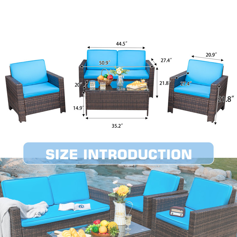 Ensemble de conversation en osier / rotin pour 4 personnes avec coussins Aveah, Brun, Bleu