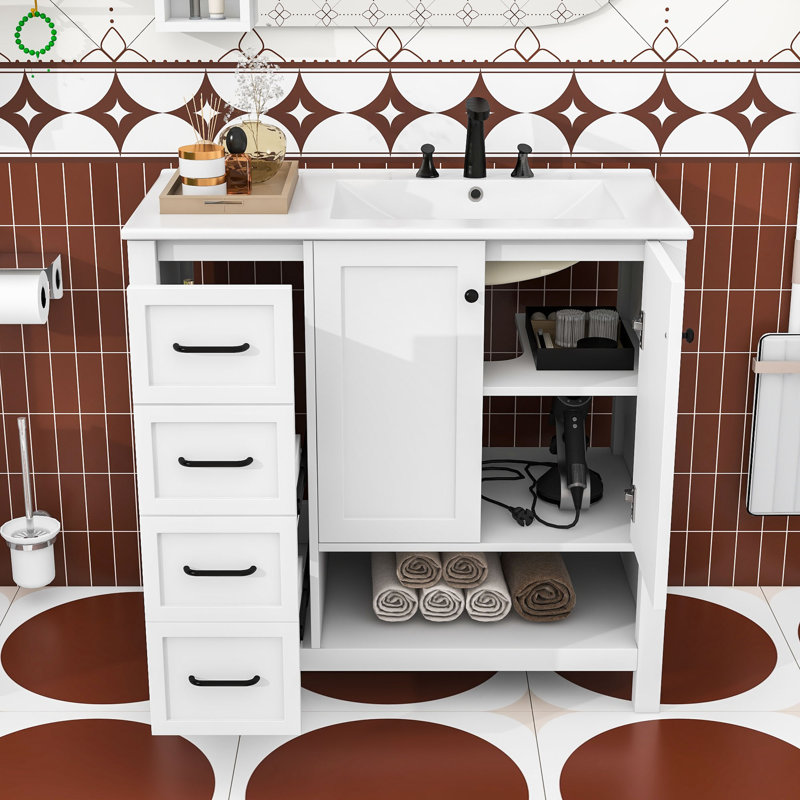 Meuble-lavabo élégant 36 po avec lavabo, rangement fermé, Blanc