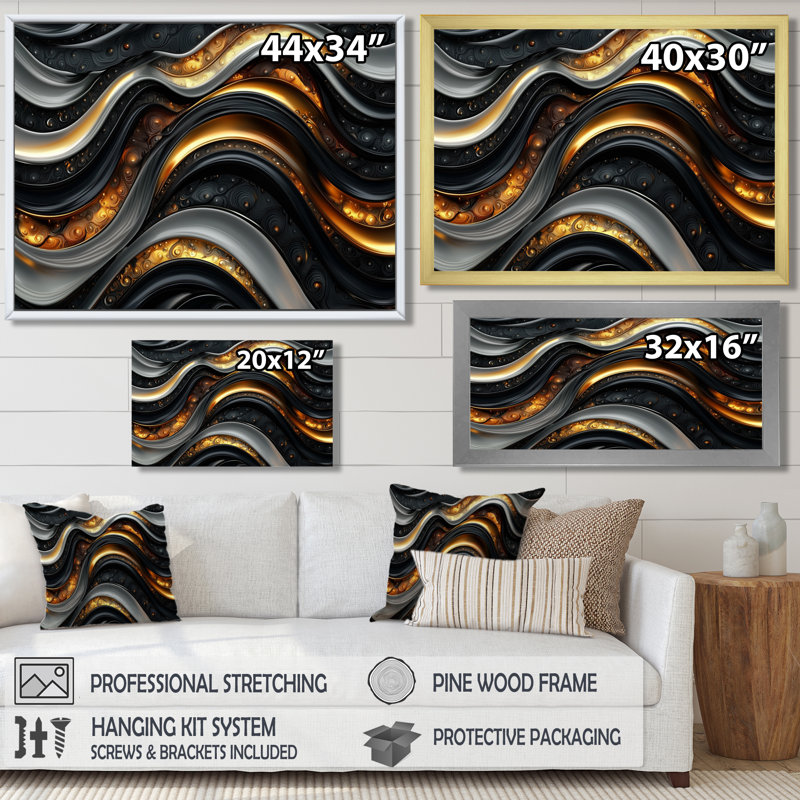Fractal Peano Curve III noir et gris - impressions sur toile, Cadre simple, Noir, H 12 po x l 20 po