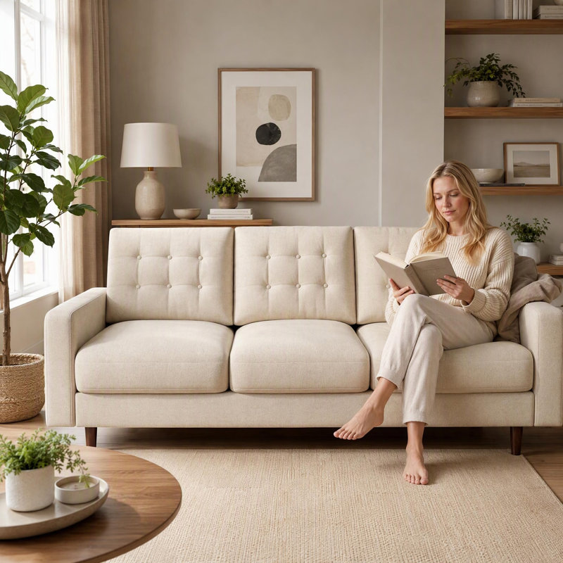 Upholstered 71.7 " Sofa, Beige Polyester, Dark Brown Wood