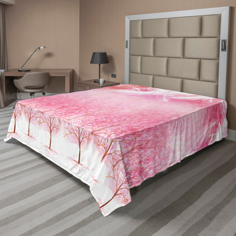 Ambesonne Pink Top Flat Sheet Cherry Trees Feathers Pale Pink White, Queen Flat Sheet