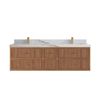 Sonoma Floating Teak 72'' Double Bathroom Vanity with Quartz Top