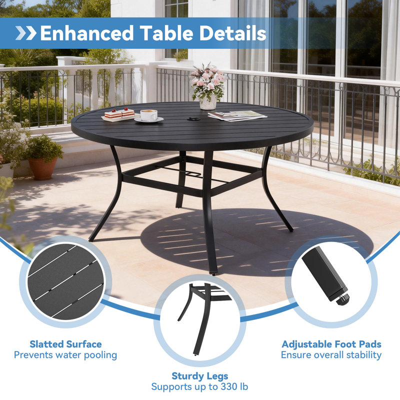 7-Piece Outdoor Patio Dining Set, 53.2" Round Dining Table With Adjustable Umbrella Hole And 6 Stackable PVC-coated polyester Chairs