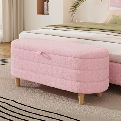 Repose-pieds élégant avec rangement en tissu Sherpa rembourré avec pieds en bois, banc de rangement pour chambre à coucher, salon, rose
