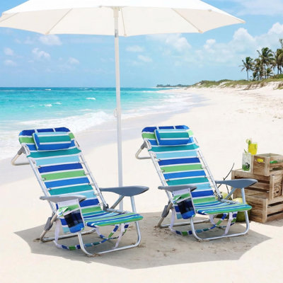 Pair of Silver Backpack Beach Chairs 500LB Heavy Duty 5 Position Lay Flat Seat with Towel Bar Storage Pouch and Cup Holder