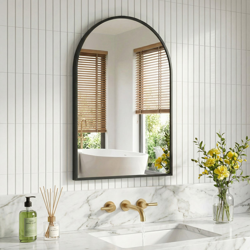 Armoire de rangement pour salle de bain arquée avec miroir H 36 po x l 24 po x P 5 po Armoire en métal, Noir