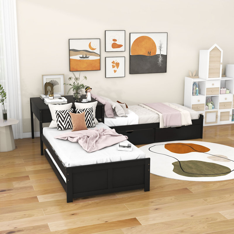 Twin Size 2 Drawers L-shaped Platform Beds with Trundle and Built-in Table, Espresso