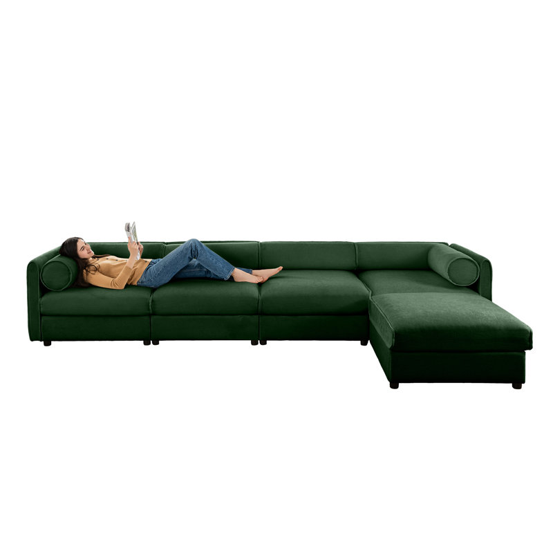 Canapé modulaire 4 places avec rangement et repose-pieds, Chenille verte